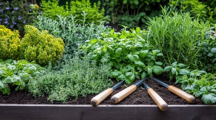 Poster - A peaceful herb garden with gardening tools and aromatic herbs, Gardening tools arranged in a sunlit garden bed, Botanical garden style