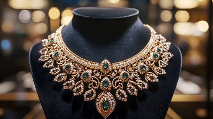 Poster - Luxurious gold filigree necklace with intricate patterns diamondencrusted accents and gemstone settings draped elegantly on a velvet display in a highend jewelry boutique