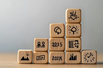 Wall Mural - Wooden Blocks Displaying Future Milestones for 2035 and 20335 with Business and Innovation Icons