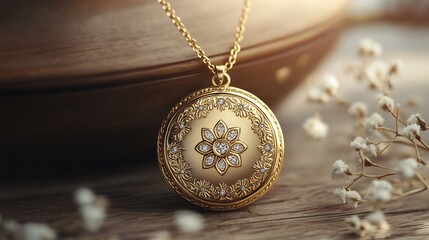 Poster - Luxurious locket embellished with intricate gold filigree and a vintage diamond setting hanging from a delicate gold chain glimmering against a minimalist backdrop