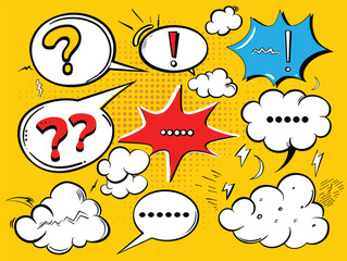 Poster - Colorful comic-style speech bubbles and symbols on a vibrant yellow background.