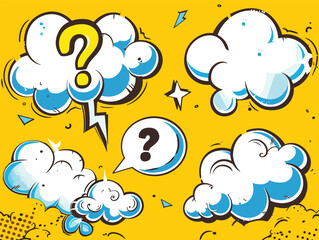 Poster - Retro comic style cloud speech bubbles with question marks on a vibrant yellow background.