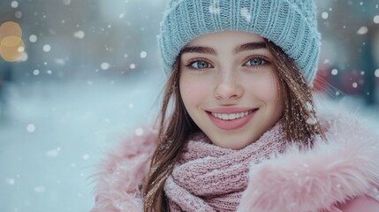 A woman wearing a pink coat and a blue hat is smiling