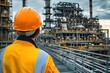 © Phichitpon - Industrial worker in safety vest and hard hat looks at a large oil and gas refinery or petrochemical plant.