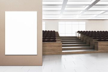 Sticker - Modern wooden and concrete auditorium interior with empty white mock up poster on wall, panoramic windows, city view and daylight. 3D Rendering.