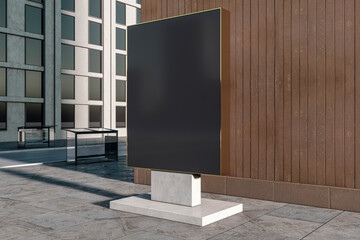 Poster - Modern empty black poster on wooden building exterior background. Commercial and sign concept. Mock up, 3D Rendering.
