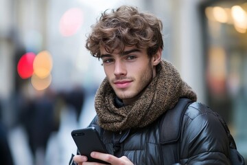 Handsome young man reading text message, Generative AI