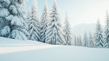 Wall Mural - A serene winter scene shows pristine snow on evergreen trees, gently lit by soft sunlight in the morning