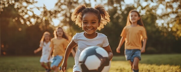 Diverse group of children playing soccer on a team emphasizing respect and teamwork