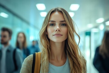 Woman with colleagues walking through office corridor, Generative AI