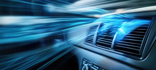 Abstract illustration of an air conditioner inside a car, with blue light streaks flowing from one side to another. 