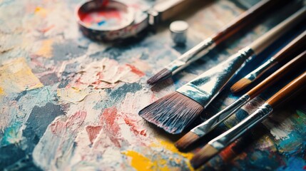 Aufkleber - A picturesque artist's studio with painting tools and canvases, Creative artistic expression style, photo of