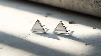 Poster - Pair of modern triangleshaped silver studs placed on a plain minimalistic surface showcasing their bold yet simple design