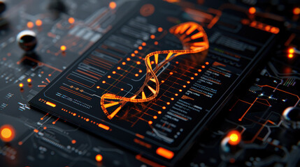 Aufkleber - 3D render of DNA double helix intertwined with digital data, showcasing futuristic design. vibrant orange helix stands out against dark, high tech background, evoking sense of innovation and
