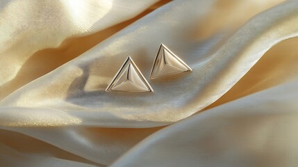 Fototapete - Pair of modern triangleshaped silver studs placed on a plain minimalistic surface showcasing their bold yet simple design