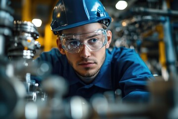 Focused technician inspecting machinery in industrial setting