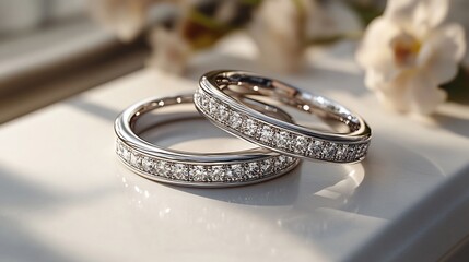 Poster - Platinum wedding ring with a diamond inlay resting on a clean neutral surface highlighting its modern and elegant design