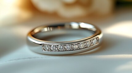 Poster - Platinum wedding ring with a diamond inlay resting on a clean neutral surface highlighting its modern and elegant design