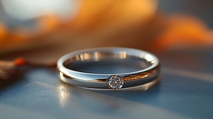 Poster - Platinum wedding ring with a diamond inlay resting on a clean neutral surface highlighting its modern and elegant design