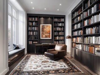 Modern library with dark gray bookshelves and abstract patterned rugs.