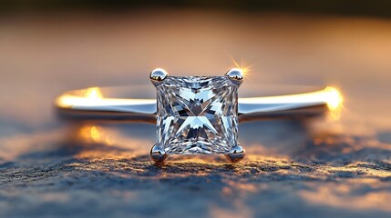 Poster - princesscut engagement ring with a sleek platinum band resting on a minimalistic surface showcasing 
