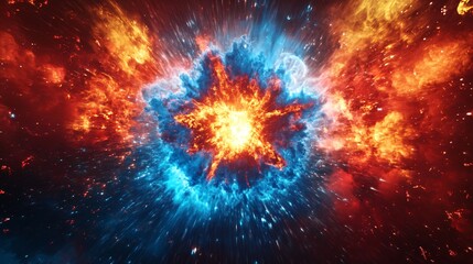 Wall Mural - Abstract cosmic explosion with fiery red and blue clouds and glowing streaks.