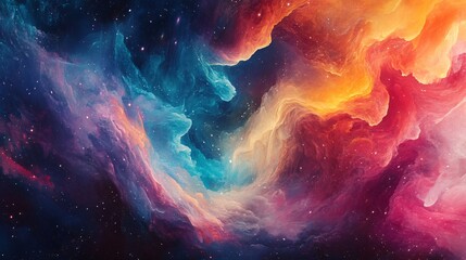 Wall Mural - Abstract cosmic nebula with swirling clouds of blue, red, and orange.