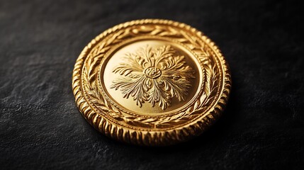 Poster - Rare gold medallion with detailed Renaissance ornamentation set against a minimalistic black background showcasing intricate gold craftsmanship