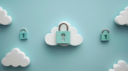 Secure cloud storage concept with padlocks on clouds, symbolizing data protection and privacy. image conveys sense of safety and security in digital environments