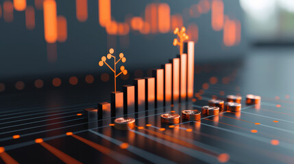 Aufkleber - Investment growth is visually represented through digital graph, showcasing increasing bars and coins, symbolizing financial success and progress