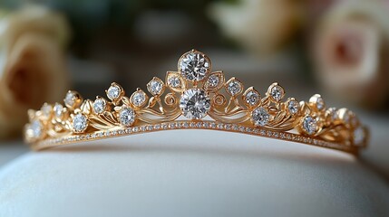 Poster - Refined and simple gold tiara with clean lines and small diamond accents isolated on a neutral surface emphasizing its understated elegance