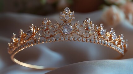 Poster - Refined and simple gold tiara with clean lines and small diamond accents isolated on a neutral surface emphasizing its understated elegance