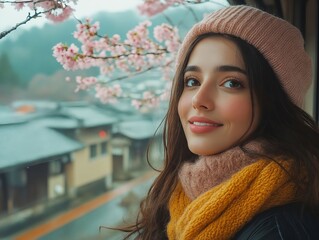 Wall Mural - A woman wearing a pink hat and scarf looking out a window