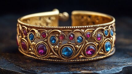 Aufkleber - regal gold cuff bracelet with intricate filigree work and gemstone inlays displayed in a vintageinsp