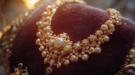 Poster - Regal gold necklace featuring intricate baroque designs and sparkling gemstones resting on a velvet cushion under soft ambient lighting