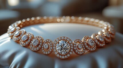 Poster - Regal necklace adorned with shimmering diamonds and intricate gold filigree resting on a satin pillow under soft lighting exuding luxury