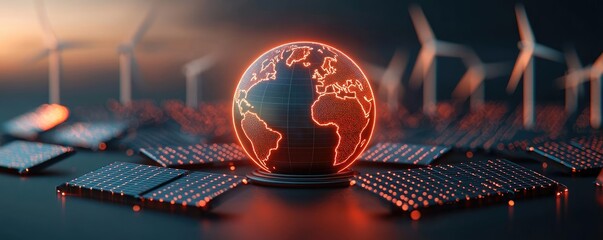 Poster - Glowing globe with renewable energy, solar panels and wind turbines, digital concept.