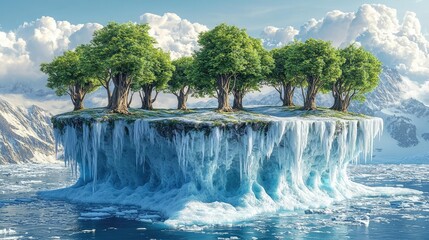 Aufkleber - Floating island with trees and ice, surrounded by water and mountains.