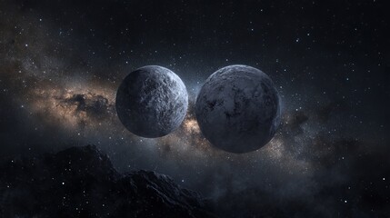 Two dwarf planets against a backdrop of stars A mountain stands in the foreground