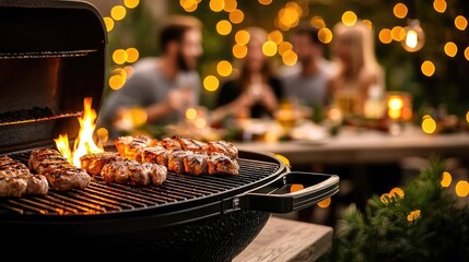 Poster - Grilled chicken on barbecue, warm outdoor atmosphere, twinkling lights.