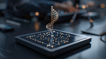 Aufkleber - holographic display showcasing 3D DNA strand, illuminated against dark background, evokes sense of innovation and scientific exploration