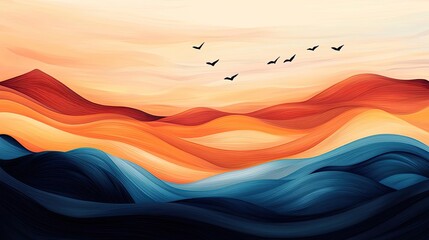 Poster - Abstract landscape with soft waves of orange and blue, gentle birds in the sky.
