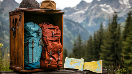 travel locker in scenic mountain setting, featuring two backpacks and map, evokes sense of adventure and exploration in natures beauty