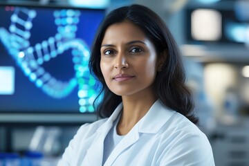 Poster - Confident scientist with DNA graphics on screen