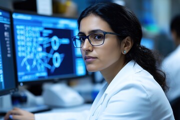 Aufkleber - Focused scientist analyzing data on computer screen in lab