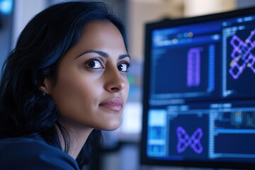 Aufkleber - Focused scientist analyzing data on computer screens in lab