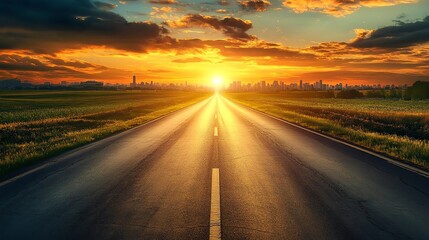 Sunset road leading to city skyline