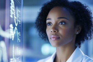 Poster - Black female doctor analyzing digital data on futuristic screen