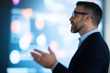 Poster - Confident businessman presenting digital data on screen
