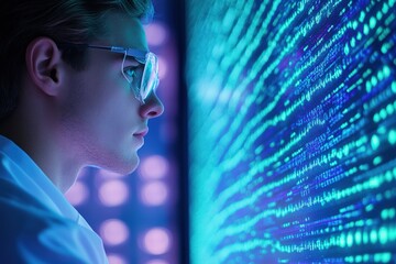 Poster - Man analyzing digital data streams in blue light